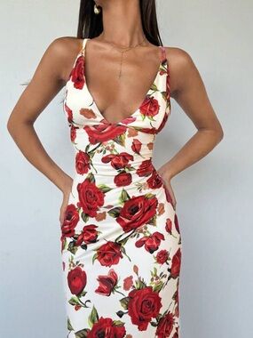 Floral Red Rose V-Neck Slip Dress - White Background